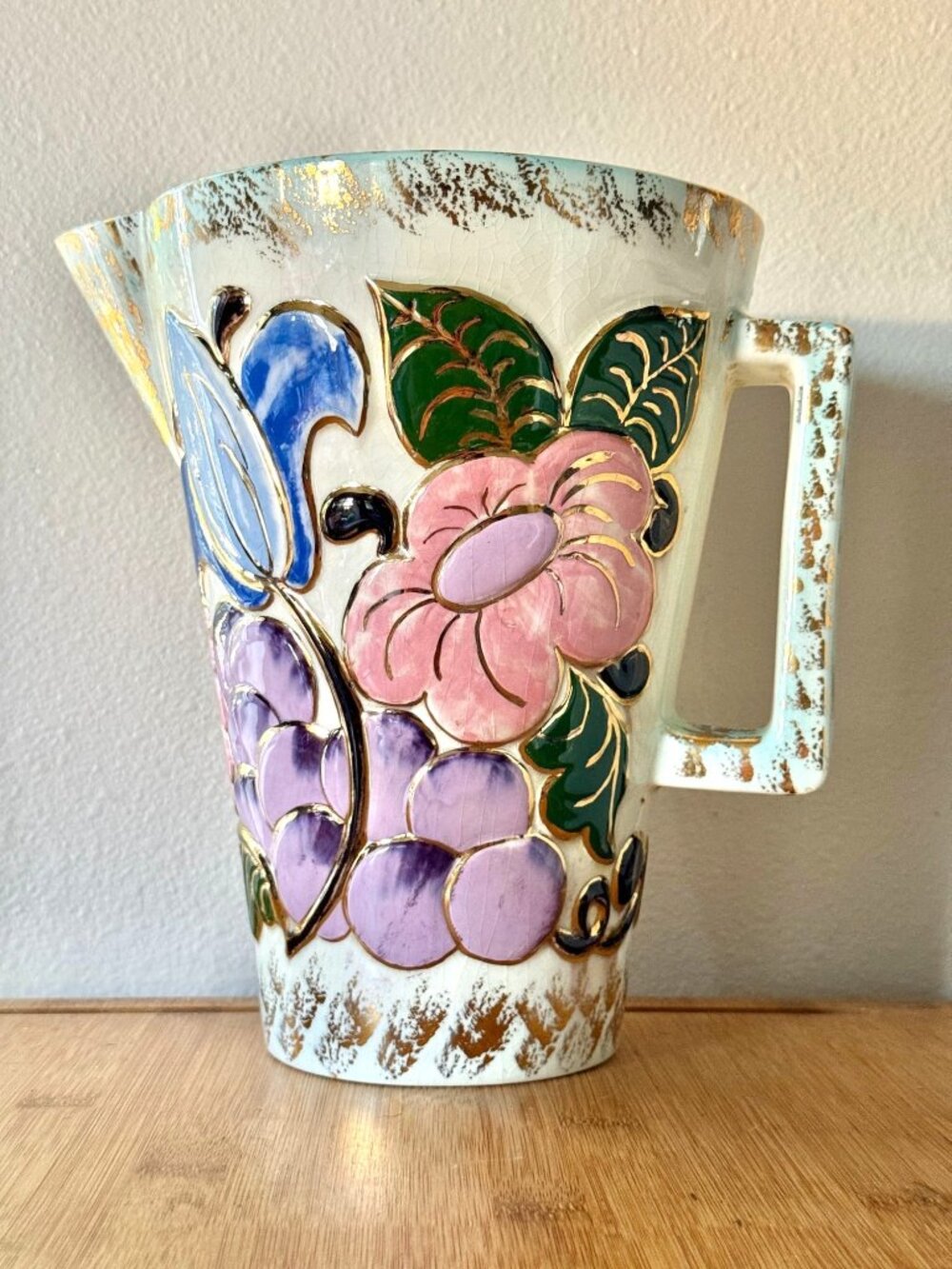 Vintage 1950s Hand Painted Ceramic Pitcher of Flowers And Fruits